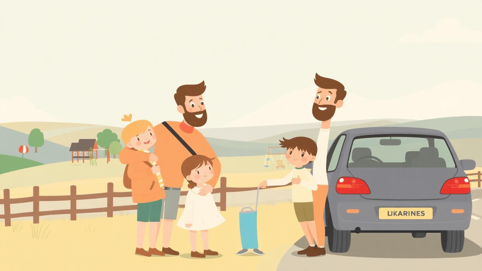 Two families with young children pausing at a countryside stop on a UK road trip